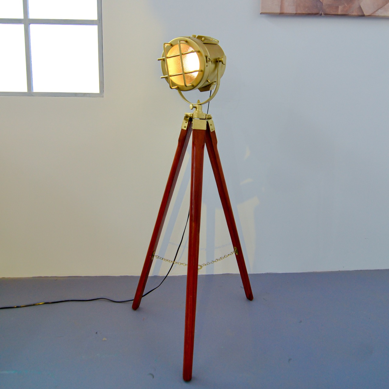 Industrial Spotlight Vintage Style Floor Lamp With Wooden Tripod